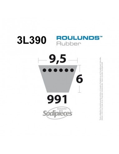 Courroie tondeuse 3L390 Roulunds Continental 9,5 x 6 x 991 mm