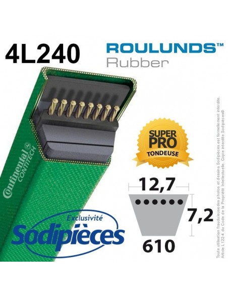 Courroie tondeuse 4L240 Roulunds Continental 12,7 x 7,2 x 610 mm
