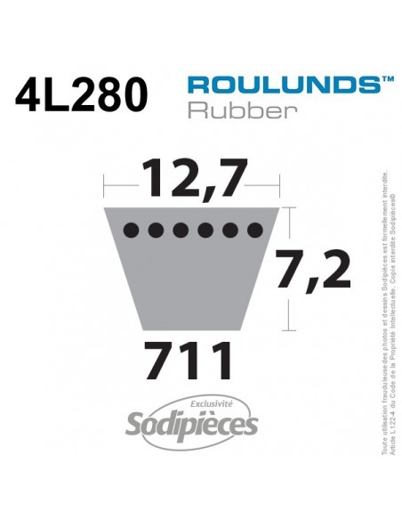 Courroie tondeuse 4L280 Roulunds Continental 12,7 x 7,2 x 711 mm