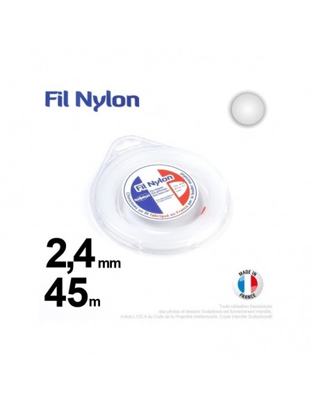 Fil débroussailleuse nylon Rond. 2,4 mm x 45 m. Coque. Blanc