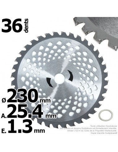Lame disque carbure 36 dents tungstène Ø 230 mm. Al. 25,4 mm. Ep. 1,3 mm. Multi-aérations