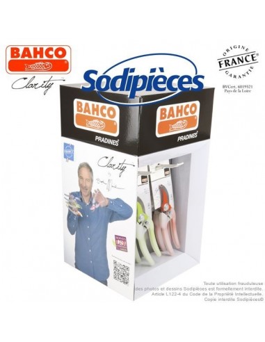 Présentoir sécateur Clarity Bahco Pradines. 12 sécateurs acier trempé. Rose, bleu, vert, orange