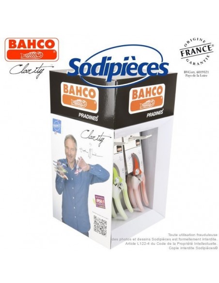 Présentoir sécateur Clarity Bahco Pradines. 12 sécateurs acier trempé. Rose, bleu, vert, orange