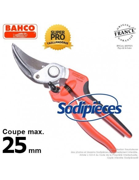 Sécateur à lames acier trempé Bahco Pradines P108-23-F. 25 mm Bi-matière. Professionnel. Fabriqué en France