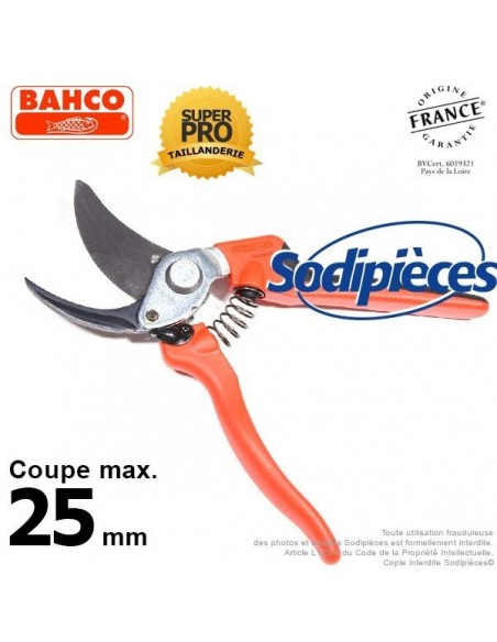 Sécateur à lames acier trempé Bahco Pradines P108-23-F. 25 mm Bi-matière. Professionnel. Fabriqué en France