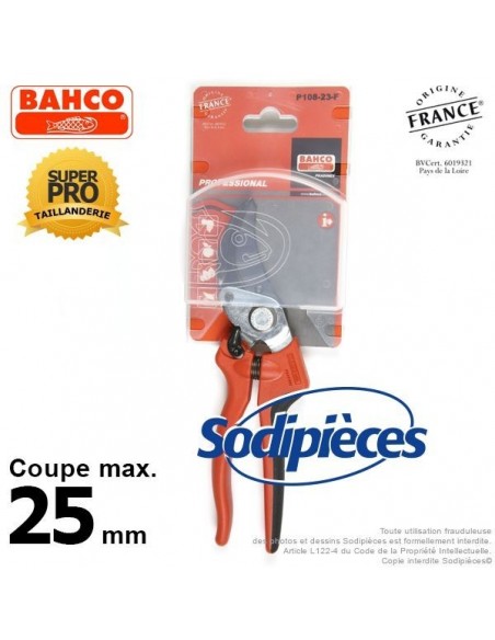 Sécateur à lames acier trempé Bahco Pradines P108-23-F. 25 mm Bi-matière. Professionnel. Fabriqué en France