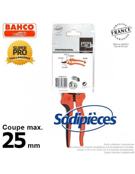 Sécateur à lames acier trempé Bahco Pradines P108-23-F. 25 mm Bi-matière. Professionnel. Fabriqué en France