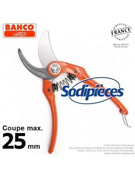 Sécateur à lames acier trempé Bahco Pradines P121-23-F. 25 mm. L'historique. Fabriqué en France