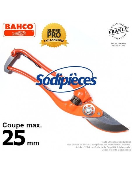 Sécateur à lames acier trempé Bahco Pradines P3-23-F. 25 mm. Professionnel. Fabriqué en France