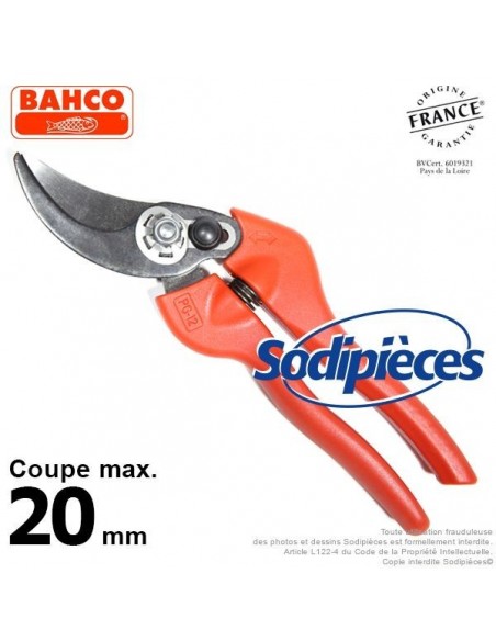 Sécateur à lames acier trempé Bahco Pradines PG-12-F. 20 mm. Qualité Prix. Fabriqué en France