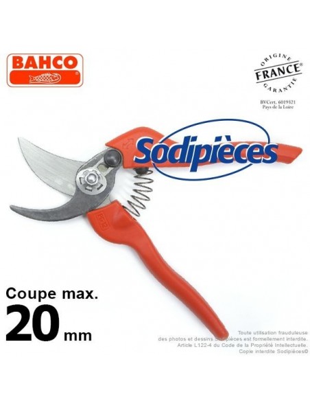 Sécateur à lames acier trempé Bahco Pradines PG-12-F. 20 mm. Qualité Prix. Fabriqué en France