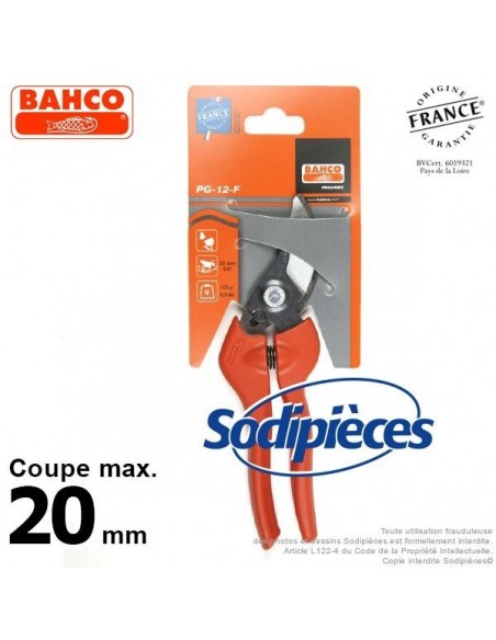 Sécateur à lames acier trempé Bahco Pradines PG-12-F. 20 mm. Qualité Prix. Fabriqué en France