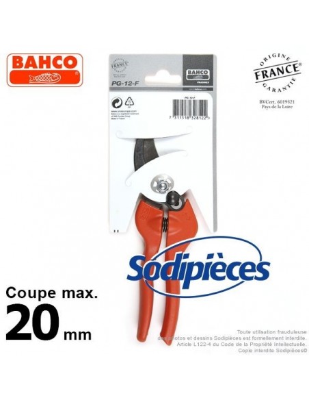 Sécateur à lames acier trempé Bahco Pradines PG-12-F. 20 mm. Qualité Prix. Fabriqué en France