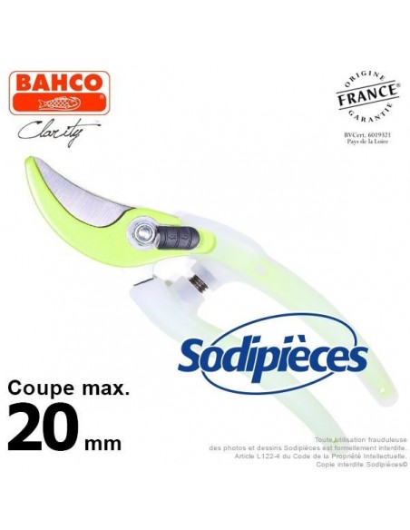 Sécateur acier trempé Clarity Bahco Pradines PG-05-Green. 20 mm. Confort. Fabriqué en France