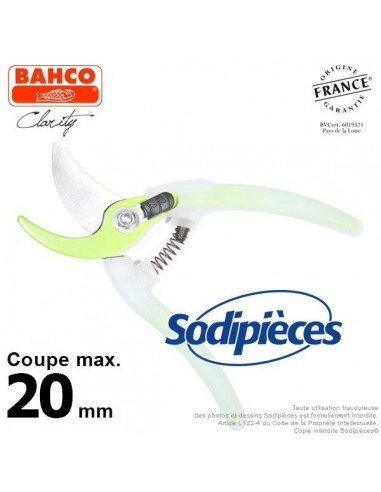 Sécateur acier trempé Clarity Bahco Pradines PG-05-Green. 20 mm. Confort. Fabriqué en France