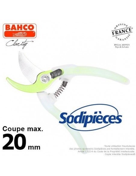 Sécateur acier trempé Clarity Bahco Pradines PG-05-Green. 20 mm. Confort. Fabriqué en France