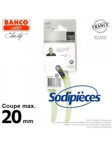 Sécateur acier trempé Clarity Bahco Pradines PG-05-Green. 20 mm. Confort. Fabriqué en France
