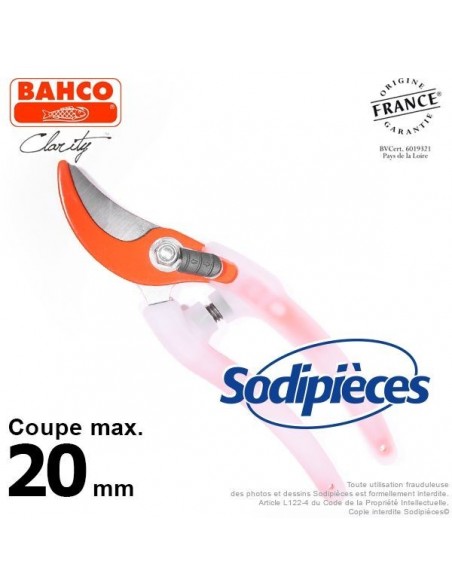 Sécateur acier trempé Clarity Bahco Pradines PG-05-Orange. 20 mm. Confort. Fabriqué en France