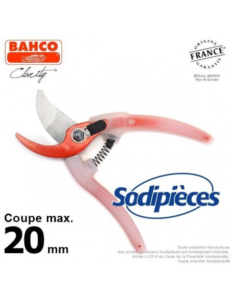 Sécateur acier trempé Clarity Bahco Pradines PG-05-Orange. 20 mm. Confort. Fabriqué en France
