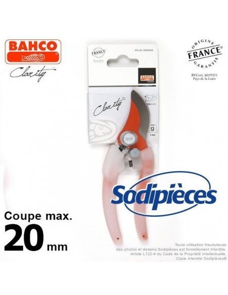 Sécateur acier trempé Clarity Bahco Pradines PG-05-Orange. 20 mm. Confort. Fabriqué en France