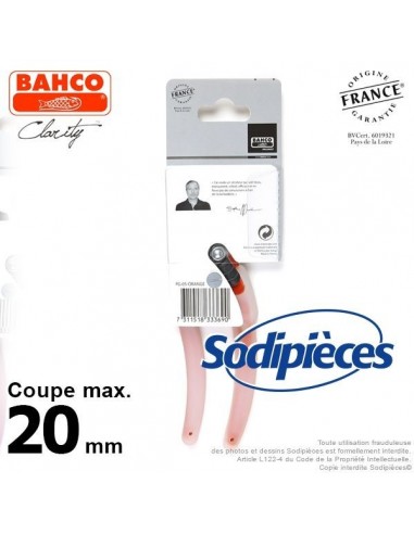 Sécateur acier trempé Clarity Bahco Pradines PG-05-Orange. 20 mm. Confort. Fabriqué en France
