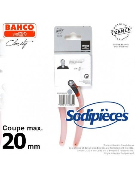 Sécateur acier trempé Clarity Bahco Pradines PG-05-Orange. 20 mm. Confort. Fabriqué en France