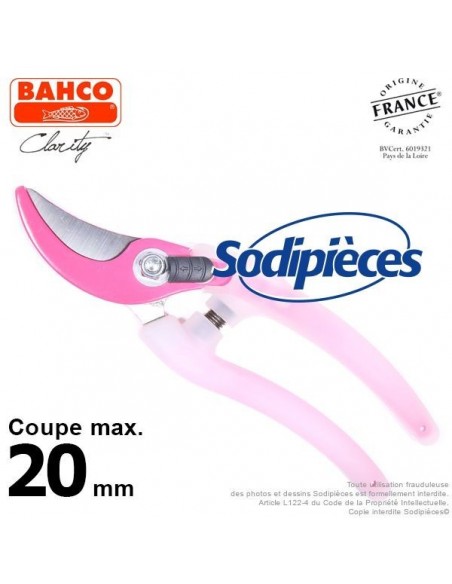 Sécateur acier trempé Clarity Bahco Pradines PG-05-Pink. 20 mm. Confort. Fabriqué en France