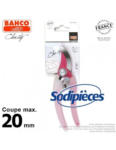 Sécateur acier trempé Clarity Bahco Pradines PG-05-Pink. 20 mm. Confort. Fabriqué en France