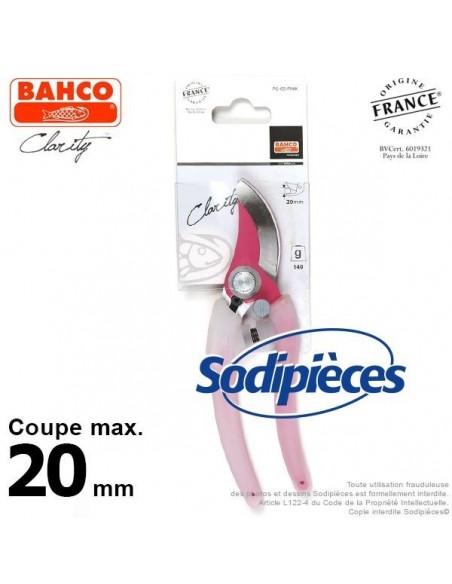 Sécateur acier trempé Clarity Bahco Pradines PG-05-Pink. 20 mm. Confort. Fabriqué en France