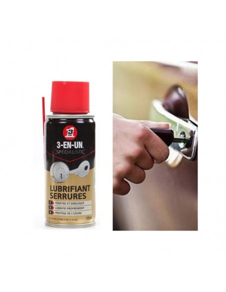 Lubrifiant serrure. 3 en UN. Protège, dégrippe, lubrifie.