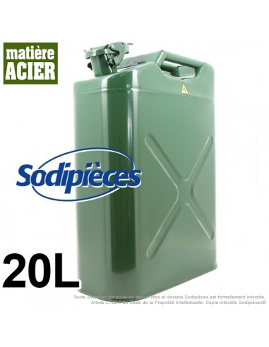 Bidon en métal. Jerrican vert armé. 20 litres