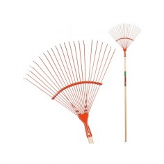 Balai à gazon 20 dents. Acier rouge. Manche bois 150 cm