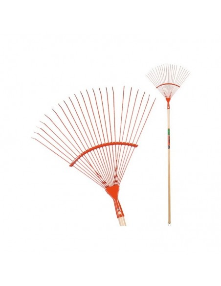 Balai à gazon 20 dents. Acier rouge. Manche bois 150 cm