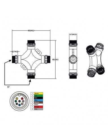 DEMULTIPLICATEUR EN CROIX 4 CONNEXIONS RAPIDES MALES 8 PIN TECHNI-POWER