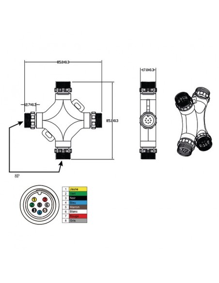 DEMULTIPLICATEUR EN CROIX 4 CONNEXIONS RAPIDES MALES 8 PIN TECHNI-POWER