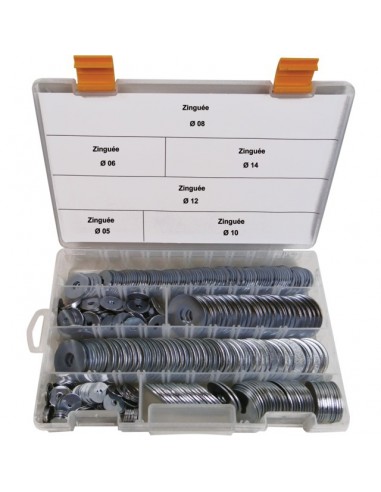 RONDELLES EXTRA LARGE ZINGUES ASSORTIS POUR VIS 5 A 14 MM COFFRET DE 425 PIECES
