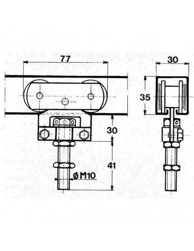 MONTURE A GALET FIXATION SUR CHANT AVEC 2 GALETS EN DERLIN POUR RAIL 35X30 MM 0235D