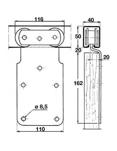 MONTURE A GALET FIXATION SUR PLAT AVEC 2 GALETS EN DERLIN POUR RAIL 50X40 MM 0251D