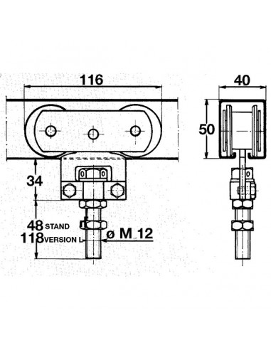 MONTURE A GALET FIXATION SUR CHANT AVEC 2 GALETS EN ACIER POUR RAIL 50X40 MM 0251A