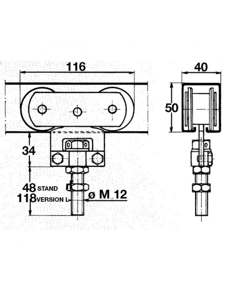 MONTURE A GALET FIXATION SUR CHANT AVEC 2 GALETS EN ACIER POUR RAIL 50X40 MM 0251A