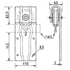 MONTURE A GALET AVEC MOYEU DERLIN FLASQUES ACIER POUR RAIL FER PLAT 50X10 MM ROC1A 2