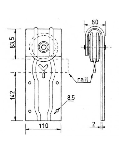 MONTURE A GALET AVEC MOYEU DERLIN FLASQUES ACIER POUR RAIL FER PLAT 50X10 MM ROC1A