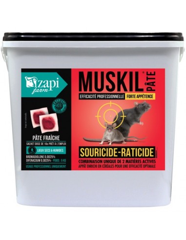 SOURICIDE RATICIDE PRO MUSKIL PATE DIFENACOUM & BROMADIOLONE SACHET 10G / SEAU 5KG
