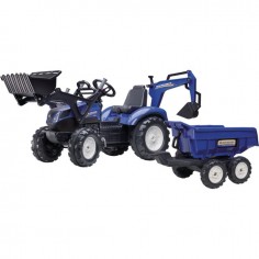 TRACTEUR A PEDALES NEW HOLLAND AVEC CHARGEUR EXCAVATRICE ET REMORQUE BASCULANTE