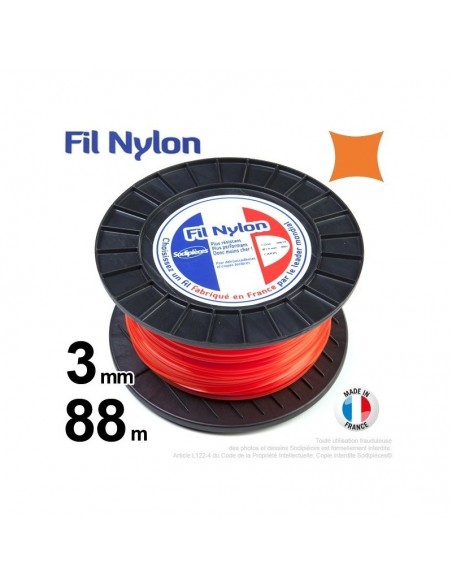 Fil débroussailleuse nylon carré. 3 mm x 88 m. Bobine. Orange