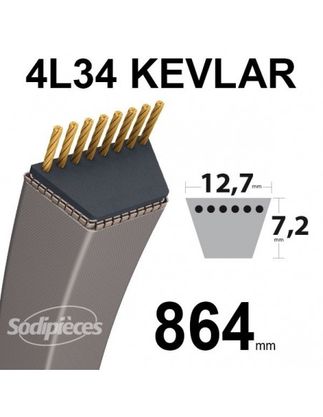 Courroie tondeuse 4L34 Kevlar Trapézoïdale. 12,7 mm x 864 mm.