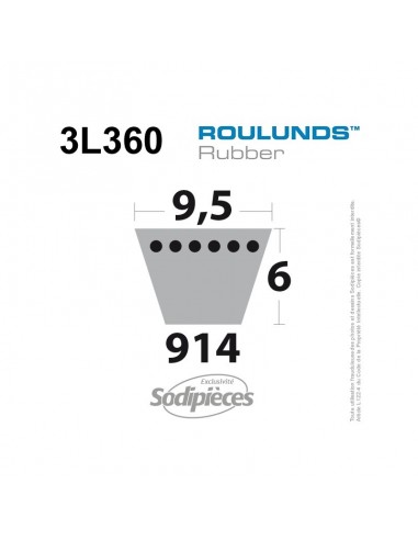 Courroie tondeuse 3L360 Roulunds Continental 9,5 x 6 x 914 mm