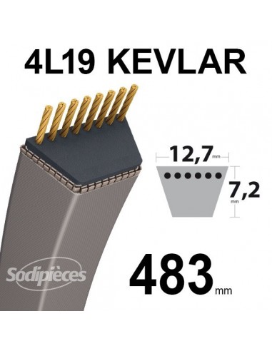 Courroie tondeuse 4L19 Kevlar Trapézoïdale. 12,7 mm x 483 mm.