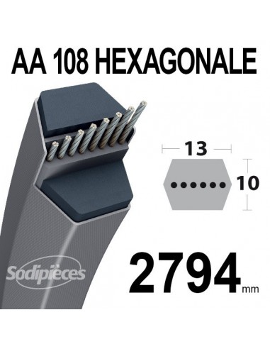 Courroie tondeuse AA108 Héxagonale. 13 mm x 2794 mm.