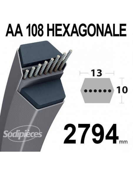 Courroie tondeuse AA108 Héxagonale. 13 mm x 2794 mm.